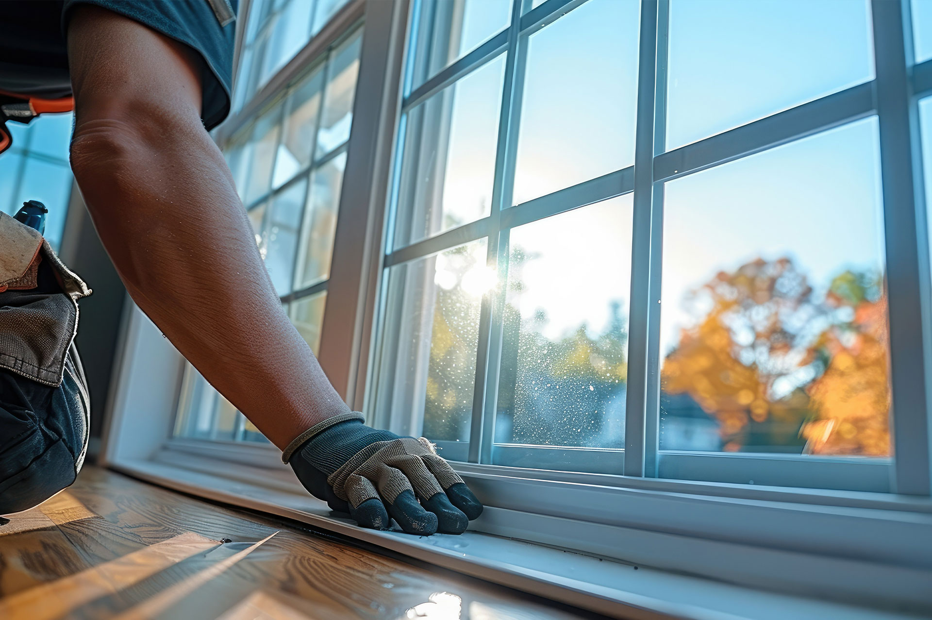 A person wearing gloves is cleaning the windows from inside a home during daylight.